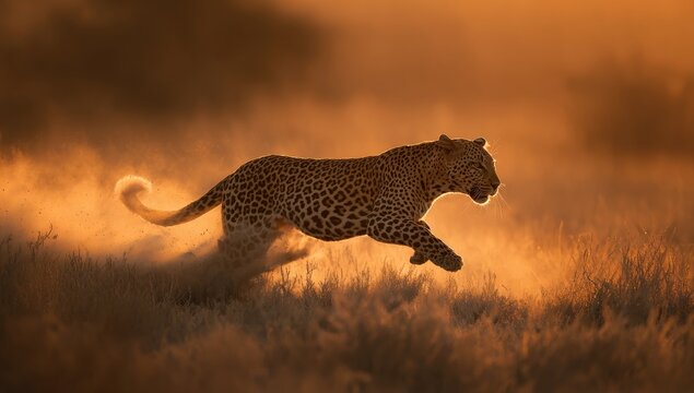 Leopard in golden sunrise sprint - Powered by Adobe