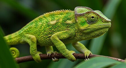 Naklejka premium A vibrantly green chameleon clings to a branch, showcasing intricate patterns and textures.