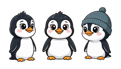 Cute cartoon baby penguin character with big sparkling eyes, blushing cheeks, and happy smile isolated on white background illustration
