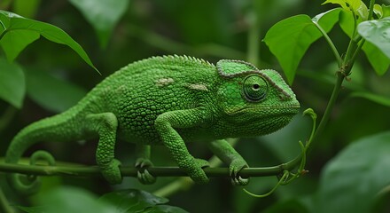 Fototapeta premium A vibrant green chameleon clings to a vine amidst lush green foliage, showcasing its camouflage against the natural backdrop.