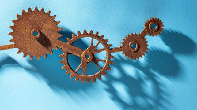 Bronze gears interlocking on a blue gradient background, ideal for engineering themes, technology visuals, or abstract design.