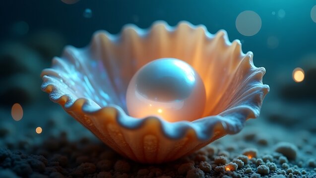 Luminous pearl nestled in a delicate seashell under the sea a symbol of purity beauty and elegance in underwater setting