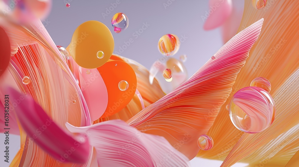 Poster colorful abstract 3d composition with floating shapes and dynamic swirls in colorful objects and pas