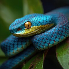 Fototapeta premium Close-up of a vibrant blue venomous pit viper