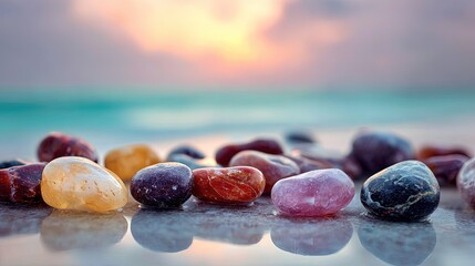 Colorful Pebbles On Beach At Sunset