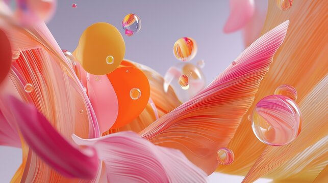 Colorful abstract 3D composition with floating shapes and dynamic swirls in colorful objects and pastel tones
