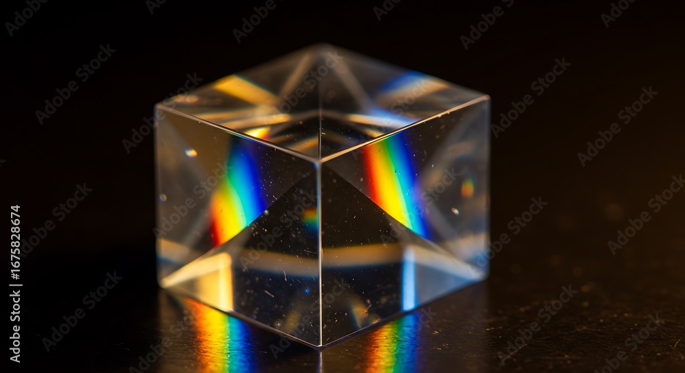 Poster a clear glass prism cube refracting light, displaying a spectrum of colors on a dark surface.