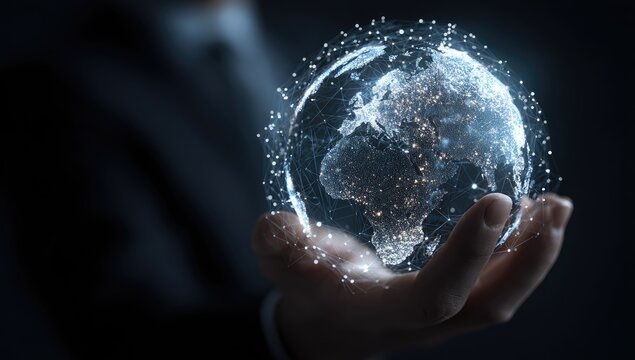 A hand holds a holographic, digital globe.  World map, connected network, floating sphere,  and futuristic technology