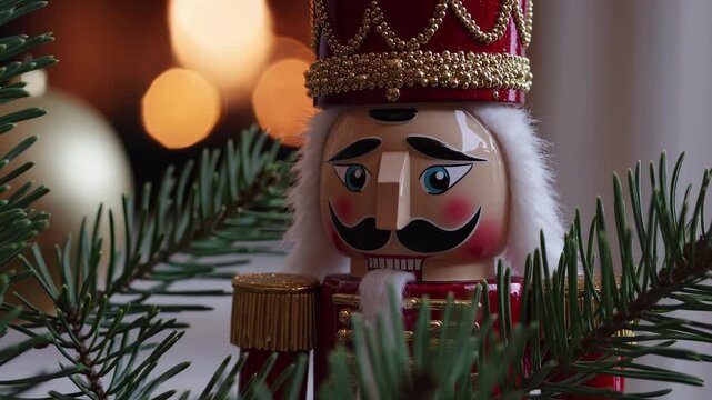 Classic nutcracker soldier figurine in red and gold uniform framed by evergreen branches, festive holiday decoration with warm bokeh lights and shiny ornaments, traditional Christmas decor close‑up
