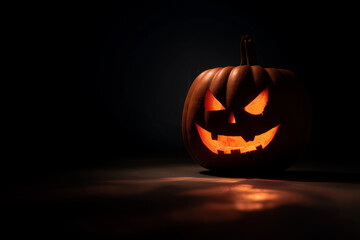 Carved pumpkin with menacing grin glows in dark, casting eerie shadows on ground. studio lighting highlights its intricate details, creating spooky Halloween atmosphere