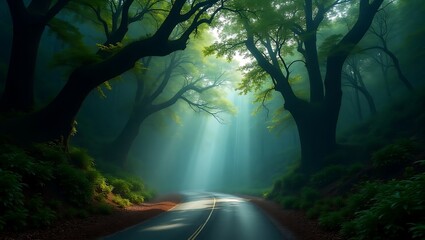 Obraz premium Mystical Forest Road with Sun Rays Breaking Through Canopy A Serene Journey Through Natures Embrace