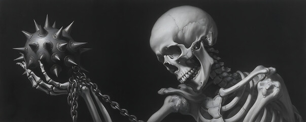 Skeleton's Contemplation Holding a Spiked Ball in Shadowy Darkness