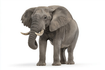 Obraz premium Majestic elephant stands on white background, showcasing its large ears and tusks. detailed texture of its skin is visible, highlighting animal grandeur and strength