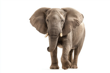 Obraz premium Majestic elephant stands against white background, showcasing its large ears and tusks. wide angle shot captures elephant grandeur and gentle expression