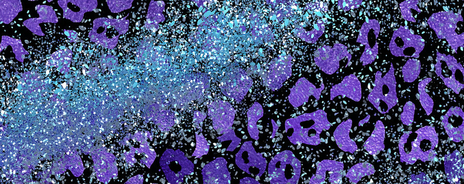 Abstract purple leopard print background with a sparkling blue glitter texture