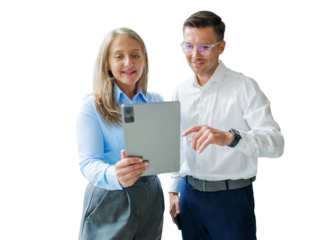 Engaging professionals collaborate and review information with a tablet display in a bright office setting