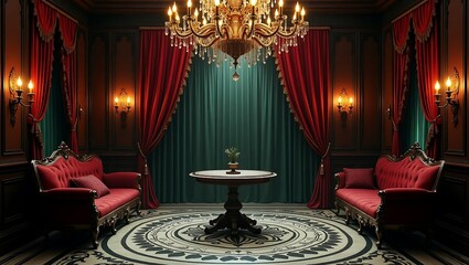 Opulent room with red velvet sofas a grand chandelier and teal drapes creating a luxurious vintage atmosphere