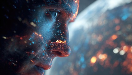 Close-up profile of a futuristic human face, overlaid with glowing, digital patterns resembling city lights and networks.