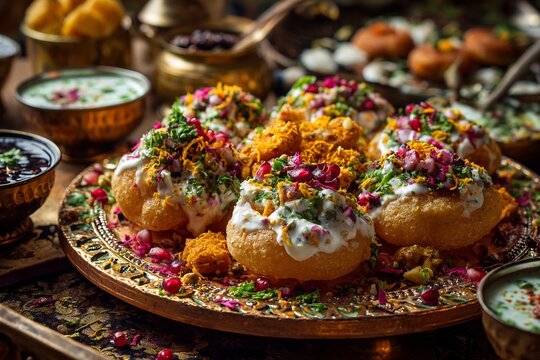 Indian chaat platter dahi puri sev puri aloo tikki chutneys and yogurt colorful garnishes festive styling