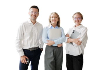 Business professionals posing confidently for a team portrait against a clean background