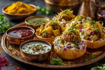Indian chaat platter dahi puri sev puri aloo tikki chutneys and yogurt colorful garnishes festive styling