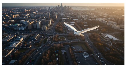 A magnificent snowy owl soars above a bustling city, a stunning aerial perspective showcasing urban landscapes and natural beauty.