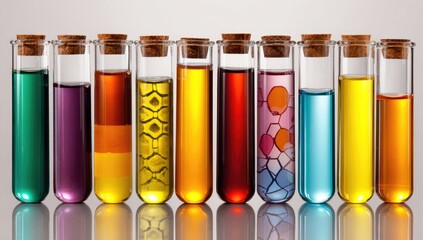 Colorful liquids in test tubes.  A row of glass test tubes,  each filled with different colored liquids.