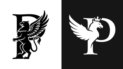 Heraldic Griffin Logo with Letter P in Black and White Variations