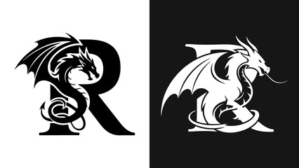 Black and White Monogram of the Letter R with an Intertwined Mythical Dragon