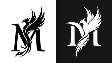 Stylized Phoenix Bird Intertwined with the Capital Letter M in a Monogram Logo Design