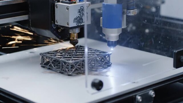 Hybrid additive manufacturing machine using laser and deposition heads to 3D print a complex metal lattice component.