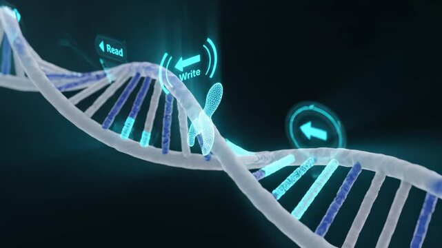 Gene editing enzyme writing nucleotide changes on a DNA double helix, precise genome engineering with a holographic tool inserting a base pair at the target sequence for therapy and research, 3D 