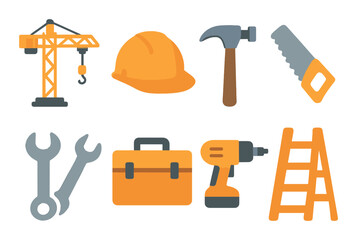 Construction tools: hard hat, hammer, saw, drill, wrench, ladder, crane icon set