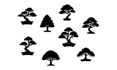 Bonsai tree in pot. Bonsai tree silhouette vector. Bonsai tree set.