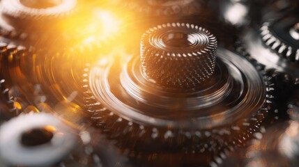 Metallic gear mechanism symbolizing productivity, ideal for business growth themes, innovation visuals, or engineering graphics.
