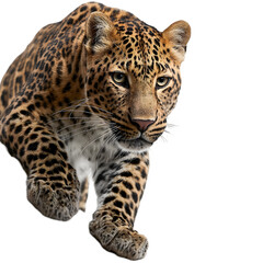 Naklejka premium Majestic leopard with distinctive spotted coat stalking forward with intense gaze isolated on transparent background