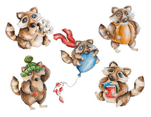 Set of watercolor cartoon raccoons with flowers, pumpkin, books, balloon, cap