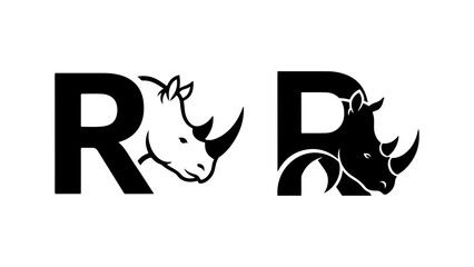 Set of Two Creative Rhino and Letter R Logo Designs in Black and White