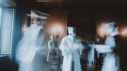 Ghostly Figures in Haunted Victorian Mansion Interior