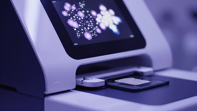  an AI‑driven pathology slide scanner, glass slide traveling under a robotic stage as cellular heatmaps bloom on a secondary display