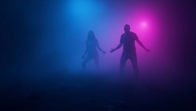 Silhouetted Dancers Perform Under Vibrant Neon Lights in a Mystical Fog Filled Space with a Dynamic Atmosphere