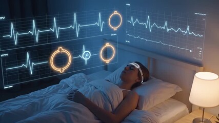Adult sleeping with smart EEG headband in bedroom, wearable tracks brain waves, heart rate and sleep stages, AI dashboard projects biometric graphs for home health monitoring - Powered by Adobe
