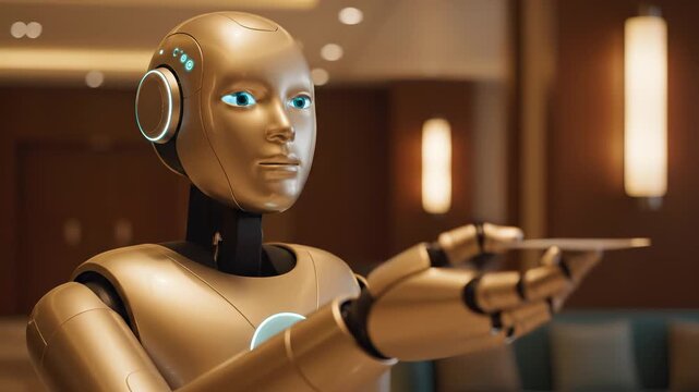 a sleek hotel concierge android offering an unlabeled keycard to a traveler, subtle facial servo movements and soft status LEDs along the temples