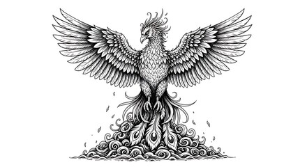 Obraz premium Majestic Phoenix Rising from Flames Detailed Illustration.