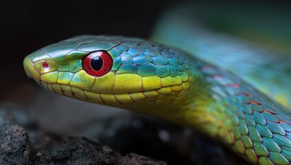 Close-up of a vibrant green and blue snake, with a striking red eye
