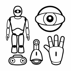 Futuristic Robotics Black Line Art Icons Set in Minimalist Vector Style
