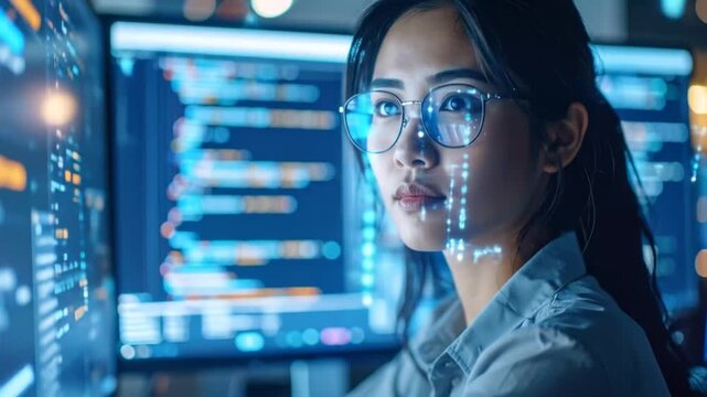 Focused asian woman working with data, immersive tech interface, digital innovation era, future