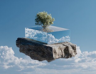 Floating rock platform, mirrored box, and tree in the sky
