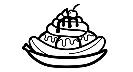 Black and white outline drawing of a delicious banana split illustration
