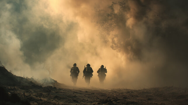 Three soldiers are walking through a foggy, smokey area
